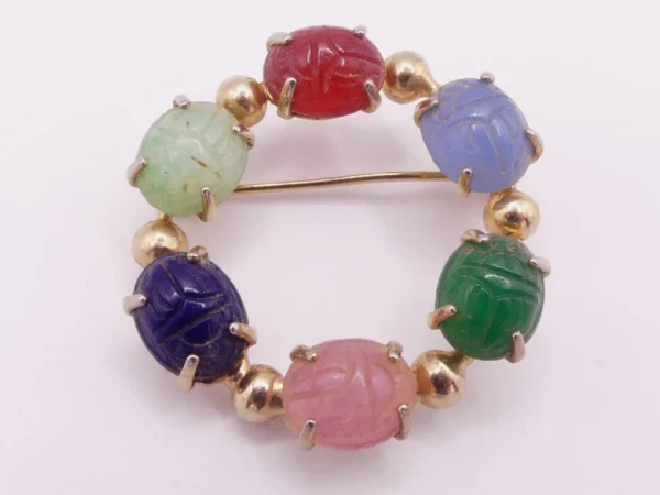 Multi Semi Precious Gemstone Carved Scarab Brooch