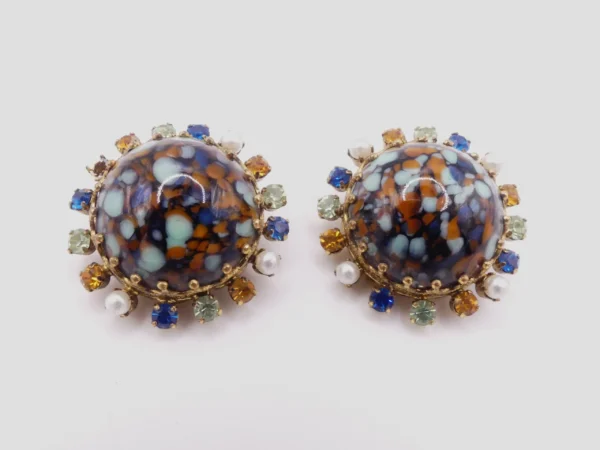 Poured Glass, Crystal And Faux Pearl Clip On Earrings