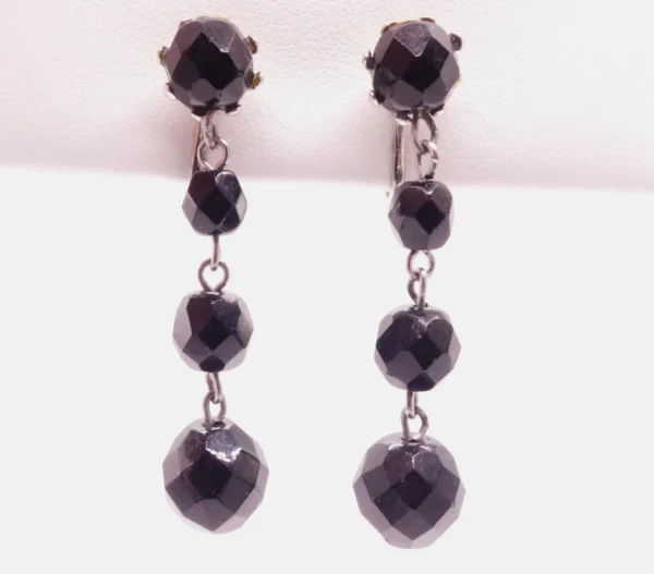 Faceted Jet Glass Clip On Earrings