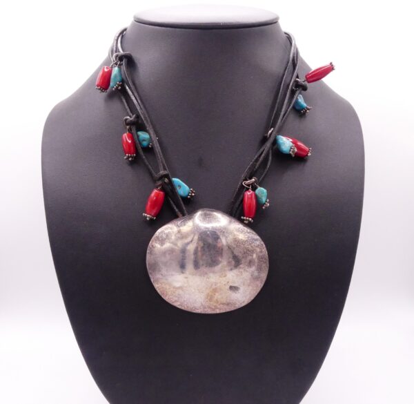 House Signed Taxco Red Coral And Turquoise Sterling Necklace